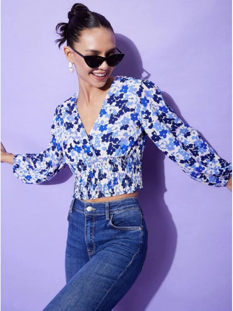 Generic Women's Polyester Floral Long Sleeves Top (Blue)