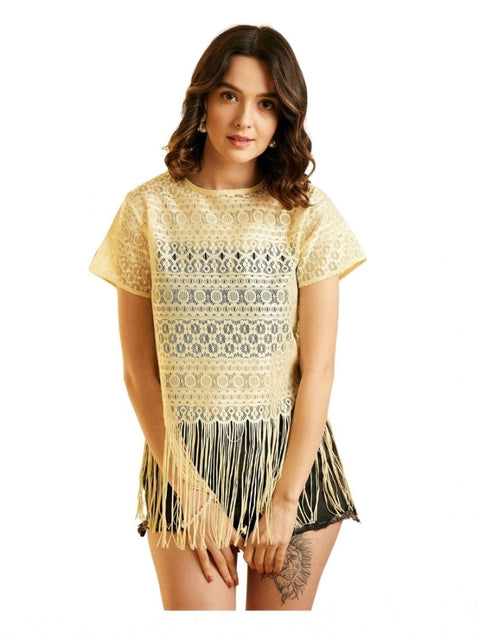 Generic Women's Polyester Lace Self Design Short Sleeve Top (Yellow)