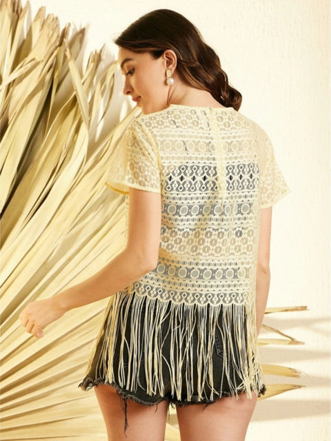 Generic Women's Polyester Lace Self Design Short Sleeve Top (Yellow)