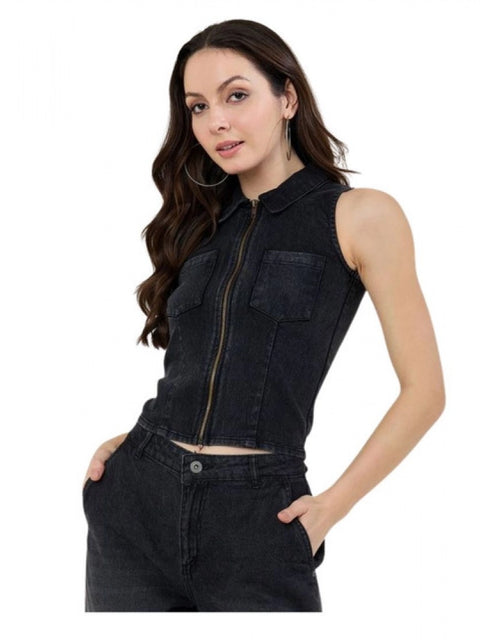 Generic Women's Denim Lycra Solid Sleeveless Top (Black)