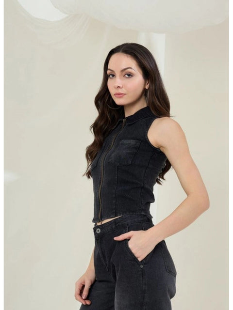 Generic Women's Denim Lycra Solid Sleeveless Top (Black)