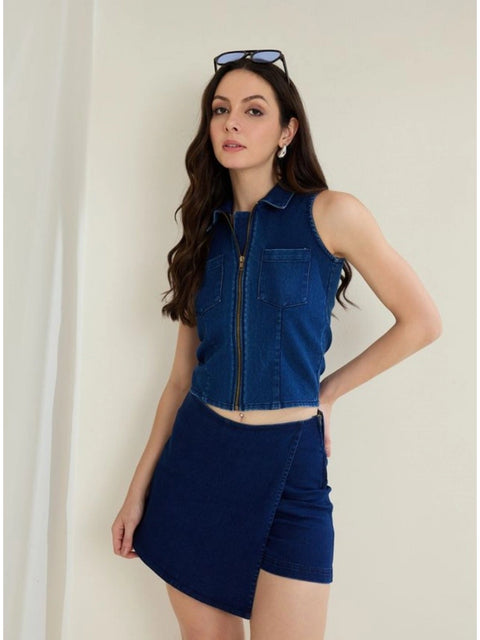 Generic Women's Denim Lycra Solid Sleeveless Top (Blue)