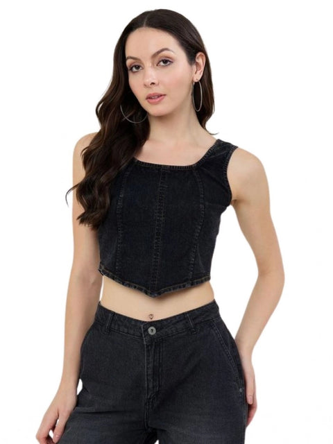 Generic Women's Denim Lycra Solid Sleeveless Top (Black)