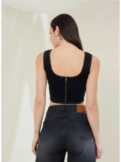 Generic Women's Denim Lycra Solid Sleeveless Top (Black)