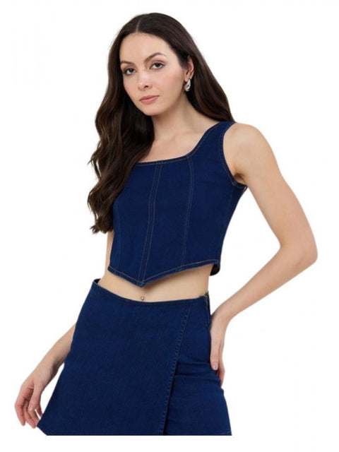 Generic Women's Denim Lycra Solid Sleeveless Top (Blue)