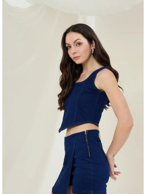 Generic Women's Denim Lycra Solid Sleeveless Top (Blue)