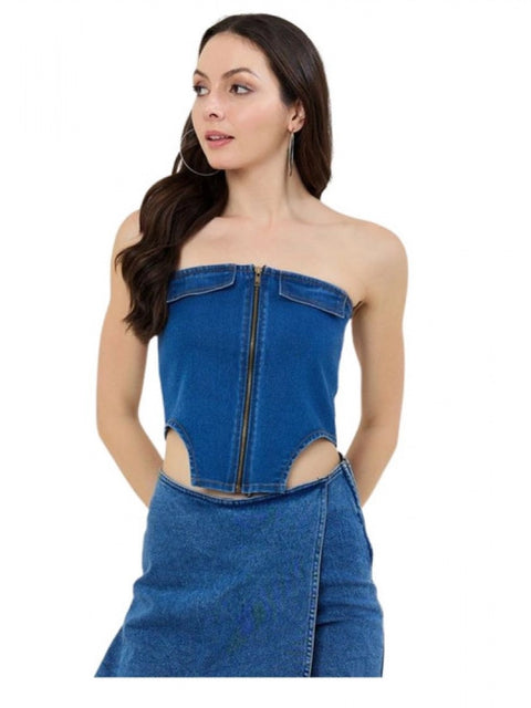 Generic Women's Denim Lycra Solid Sleeveless Top (Blue)