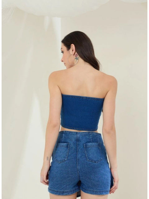 Generic Women's Denim Lycra Solid Sleeveless Top (Blue)