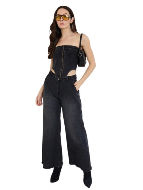 Generic Women's Denim Lycra Solid Sleeveless Top (Black)