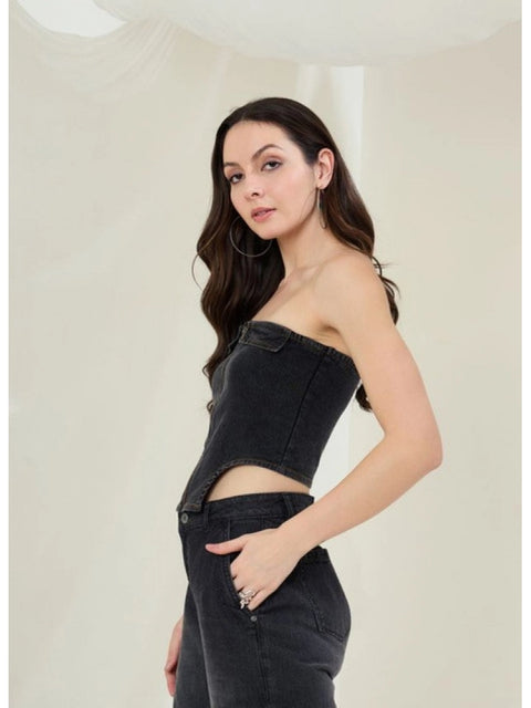 Generic Women's Denim Lycra Solid Sleeveless Top (Black)