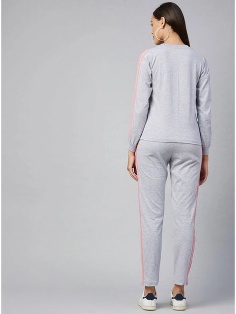 Generic Women's Cotton Solid Long Sleeves Tracksuit (Light Grey - Pink)