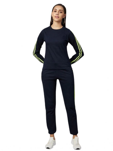 Generic Women's Cotton Solid Long Sleeves Tracksuit (Navy - Green)