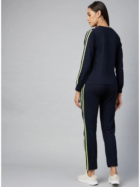 Generic Women's Cotton Solid Long Sleeves Tracksuit (Navy - Green)