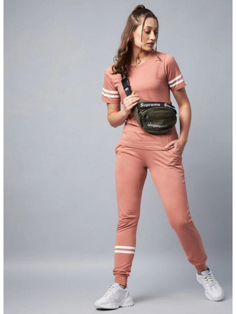 Generic Women's Cotton Striped Short Sleeve Tracksuit (Pink)