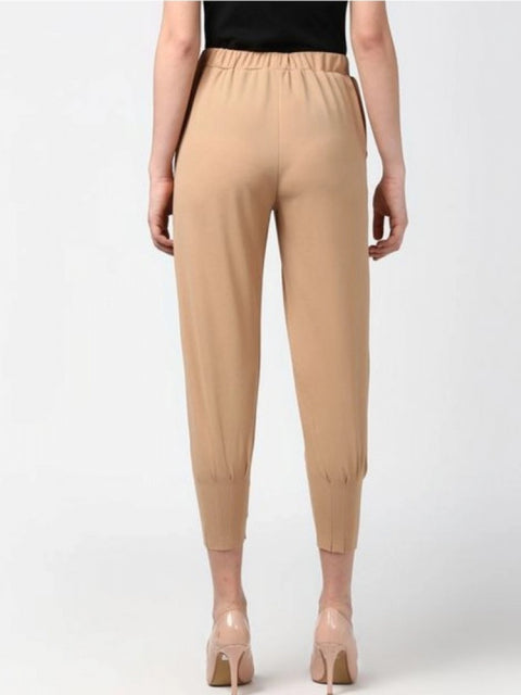 Generic Women's Polyester Solid Elasticated Trousers (Beige)