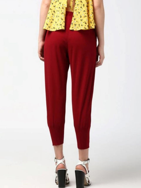 Generic Women's Polyester Solid Elasticated Trousers (Maroon)