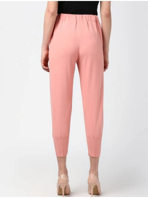 Generic Women's Polyester Solid Elasticated Trousers (Pink)