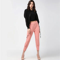Generic Women's Polyester Solid Elasticated Trousers (Pink)
