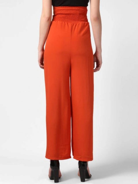 Generic Women's Polyester Solid Smocked Trousers (Orange)