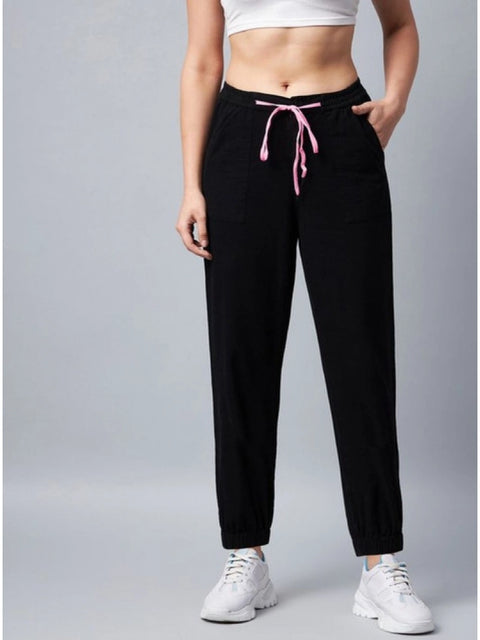 Generic Women's Cotton Twill Solid Elasticated Trousers (Black)