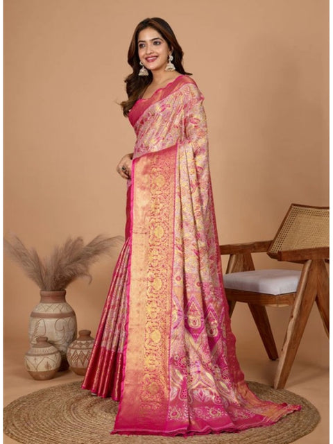 Women's Jacquard Saree With Unstitched Blouse 5.5Mtr (Pink)