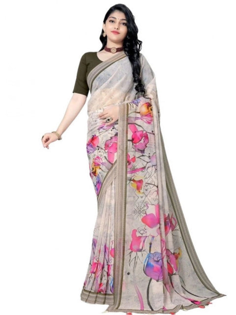 Women's Georgette Floral Printed Saree With Unstitched Blouse 5.5Mtr (Beige)