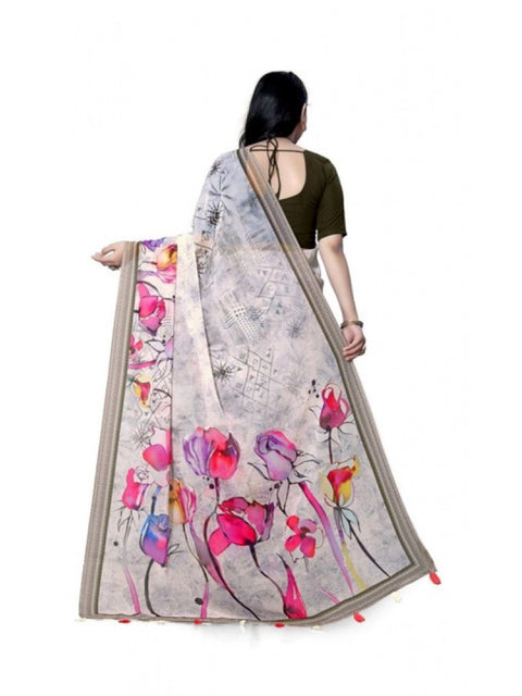Women's Georgette Floral Printed Saree With Unstitched Blouse 5.5Mtr (Beige)