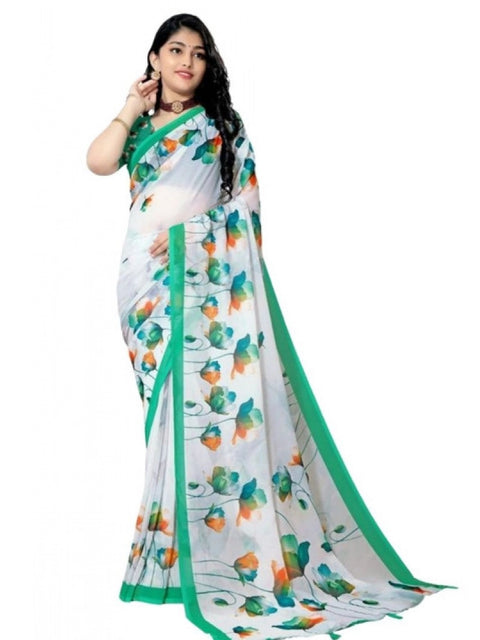 Women's Georgette Floral Printed Saree With Unstitched Blouse 5.5Mtr (Green)