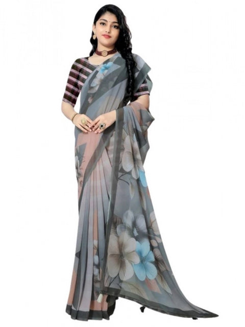 Women's Georgette Floral Printed Saree With Unstitched Blouse 5.5Mtr (Grey)