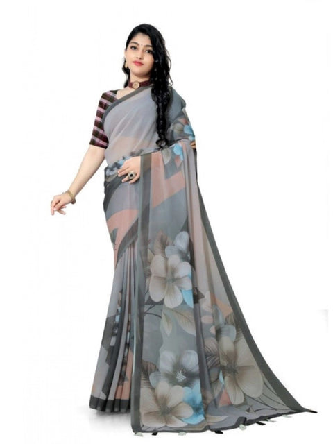 Women's Georgette Floral Printed Saree With Unstitched Blouse 5.5Mtr (Grey)