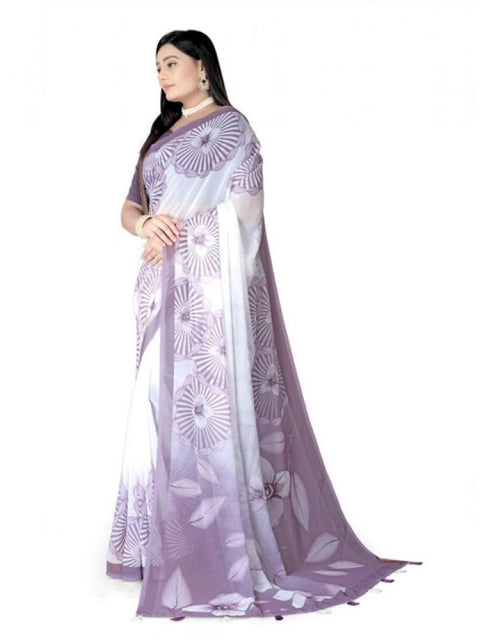 Women's Georgette Floral Printed Saree With Unstitched Blouse 5.5Mtr (Lavender)