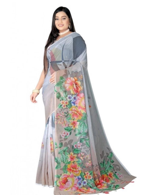 Women's Georgette Floral Printed Saree With Unstitched Blouse 5.5Mtr (Grey)