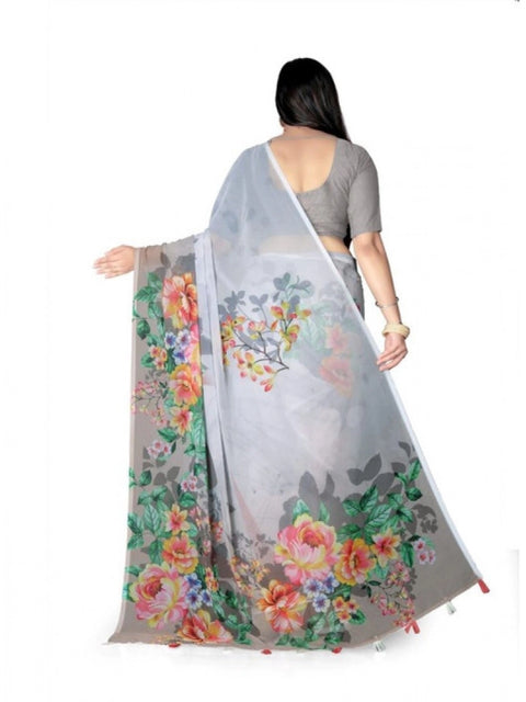 Women's Georgette Floral Printed Saree With Unstitched Blouse 5.5Mtr (Grey)