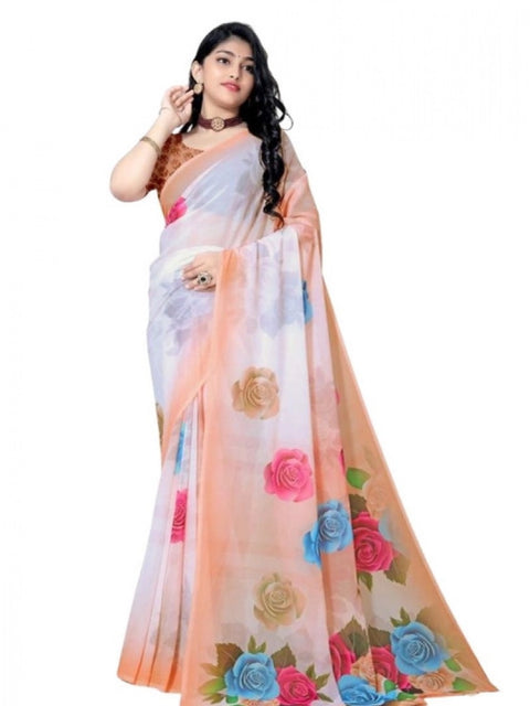Women's Georgette Floral Printed Saree With Unstitched Blouse 5.5Mtr (Orange)