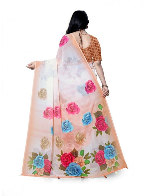 Women's Georgette Floral Printed Saree With Unstitched Blouse 5.5Mtr (Orange)