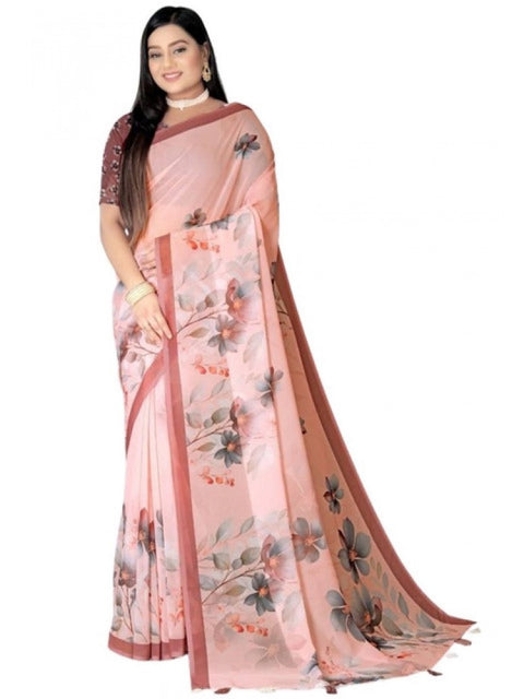 Women's Georgette Floral Printed Saree With Unstitched Blouse 5.5Mtr (Peach)
