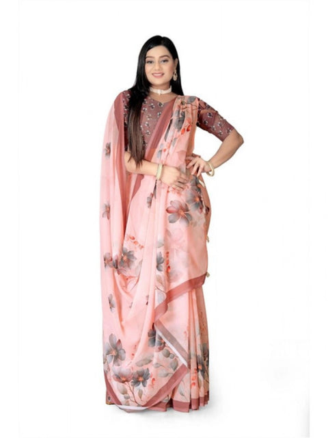 Women's Georgette Floral Printed Saree With Unstitched Blouse 5.5Mtr (Peach)