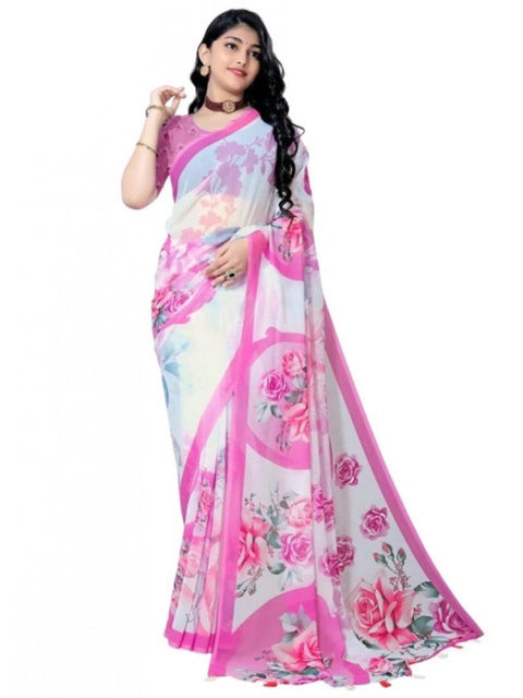 Women's Georgette Floral Printed Saree With Unstitched Blouse 5.5Mtr (Pink)