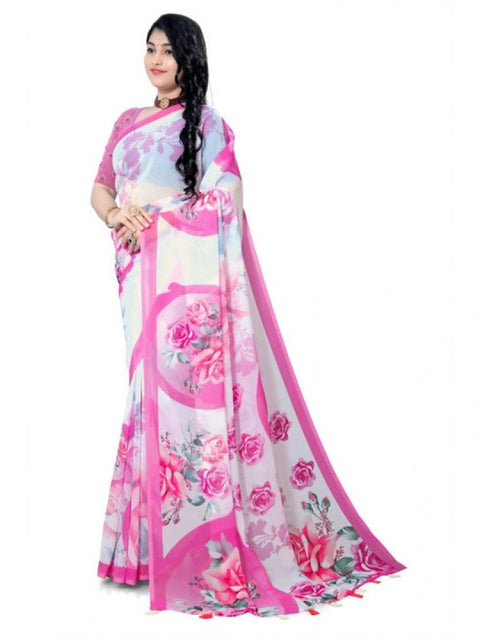 Women's Georgette Floral Printed Saree With Unstitched Blouse 5.5Mtr (Pink)