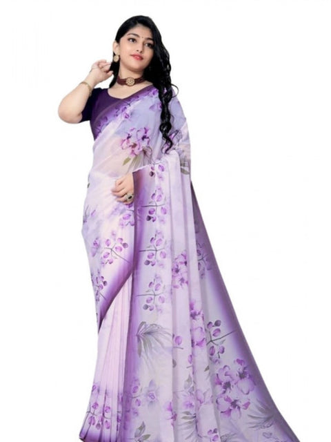 Women's Georgette Floral Printed Saree With Unstitched Blouse 5.5Mtr (Purple)
