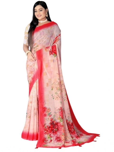 Women's Georgette Floral Printed Saree With Unstitched Blouse 5.5Mtr (Red)
