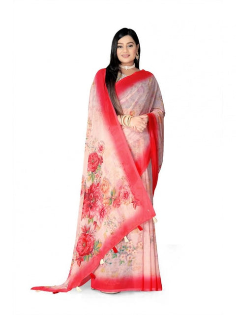 Women's Georgette Floral Printed Saree With Unstitched Blouse 5.5Mtr (Red)