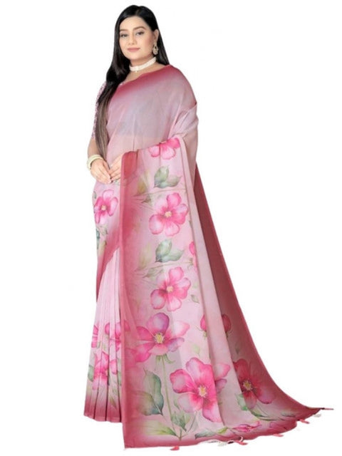 Women's Georgette Floral Printed Saree With Unstitched Blouse 5.5Mtr (Rose Pink)