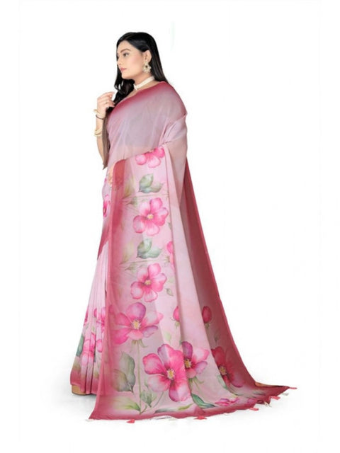 Women's Georgette Floral Printed Saree With Unstitched Blouse 5.5Mtr (Rose Pink)