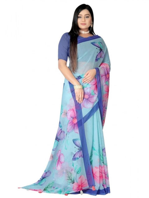 Women's Georgette Floral Printed Saree With Unstitched Blouse 5.5Mtr (Blue)
