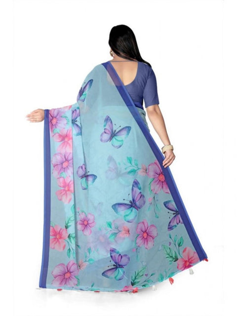 Women's Georgette Floral Printed Saree With Unstitched Blouse 5.5Mtr (Blue)