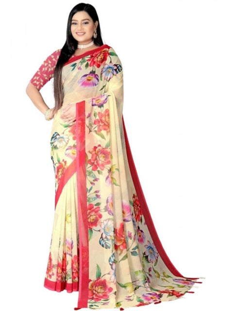 Women's Georgette Floral Printed Saree With Unstitched Blouse 5.5Mtr (Yellow)