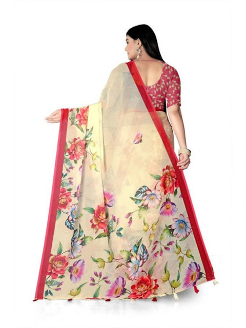 Women's Georgette Floral Printed Saree With Unstitched Blouse 5.5Mtr (Yellow)