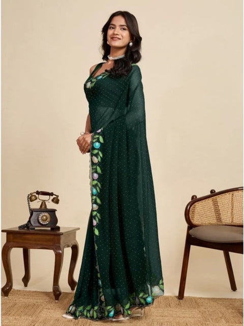 Women's Georgette Printed Saree With Unstitched Blouse 5.5Mtr (Green)