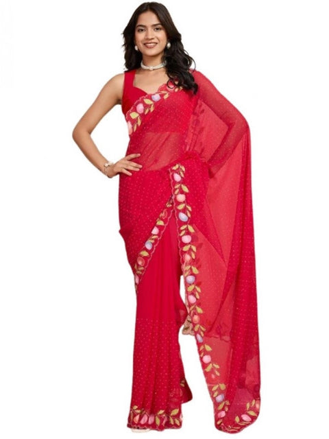 Women's Georgette Printed Saree With Unstitched Blouse 5.5Mtr (Red)